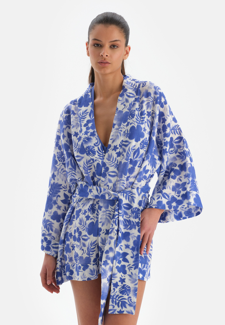 DAGİ Blue - White Kimono, Floral Printed, Short Sleeve Beachwear for Women