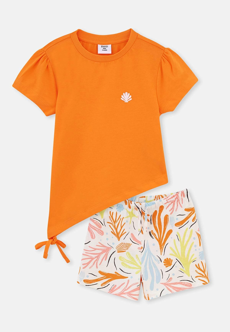 DAGİ Orange T-Shirt & Shorts Set, Coral Printed, Crew Neck, Oversize, Short Leg, Short Sleeve Sleepwear for Girls