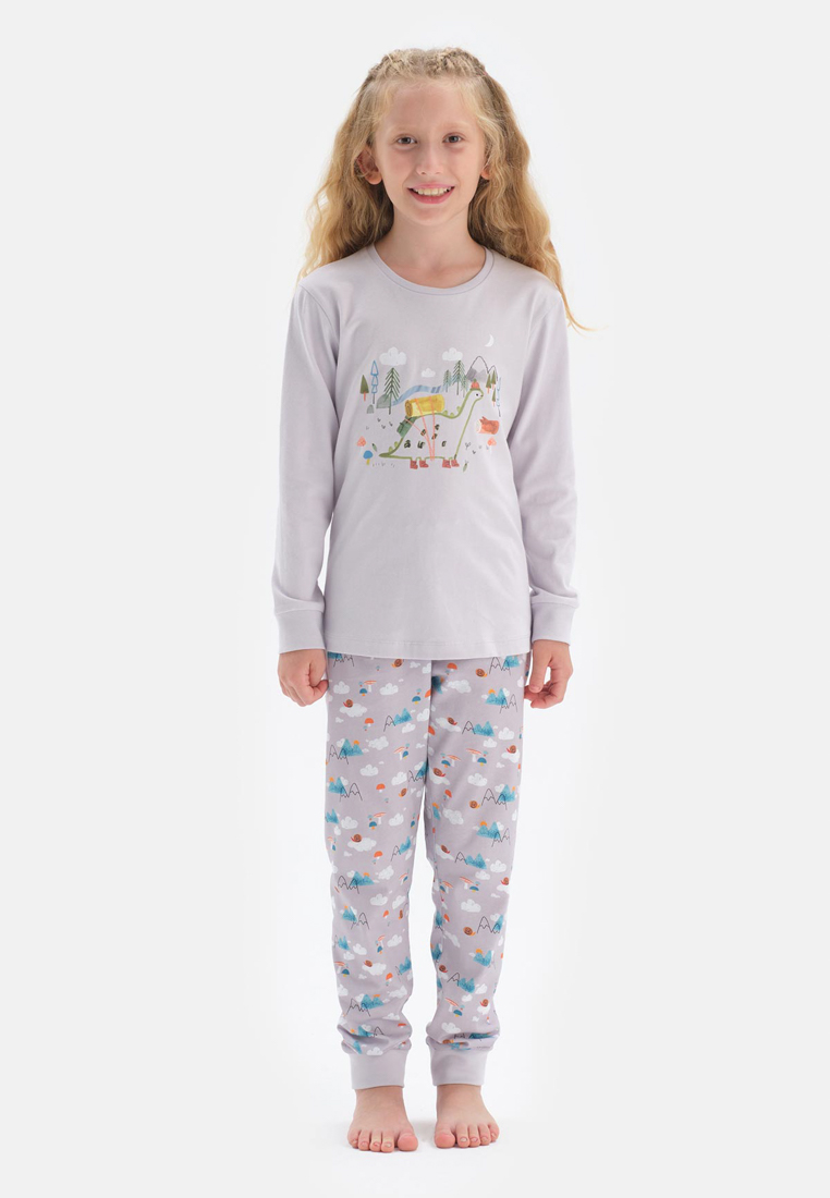 DAGİ Lilac Tshirt & Pants, Dinosaur Printed, Crew Neck, Regular, Long Leg, Long Sleeve Sleepwear for Girls