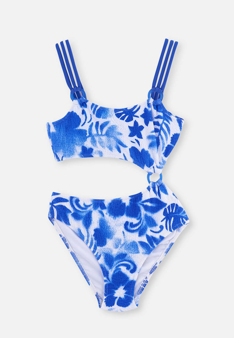 DAGİ Blue - White Swimsuits, Floral Printed, Non-wired, Swimwear for Girls