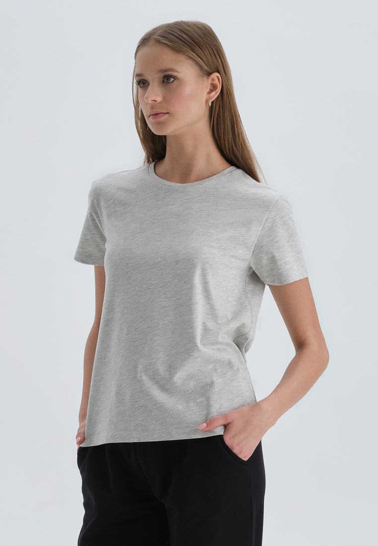 DAGİ Grey Melange T-Shirt, Crew Neck, Regular Fit, Short Sleeve Loungewear for Women