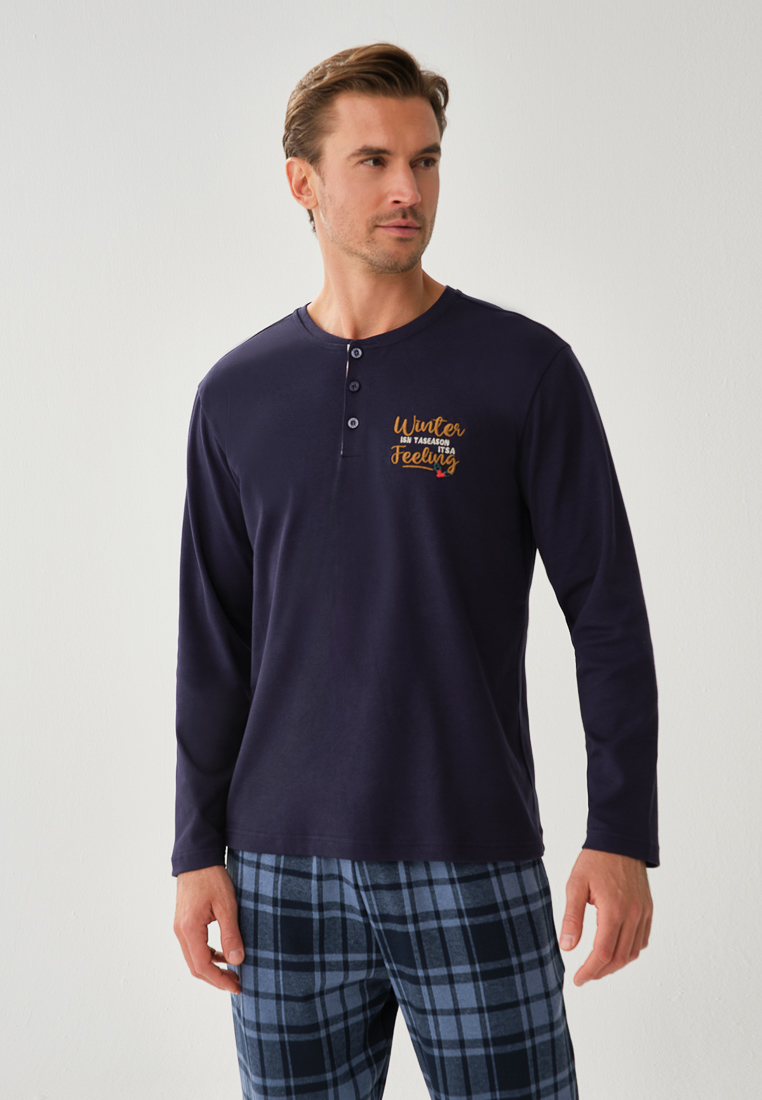 DAGİ Navy New Year Pyjama Top, Slogan Print, Crew Neck, Normal Fit, Long Sleeve Homewear And Sleepwear for Men