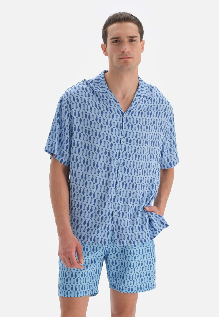 DAGİ Light Blue Shirts, Animal Print, Shirt Collar, Short Sleeve Beachwear for Men
