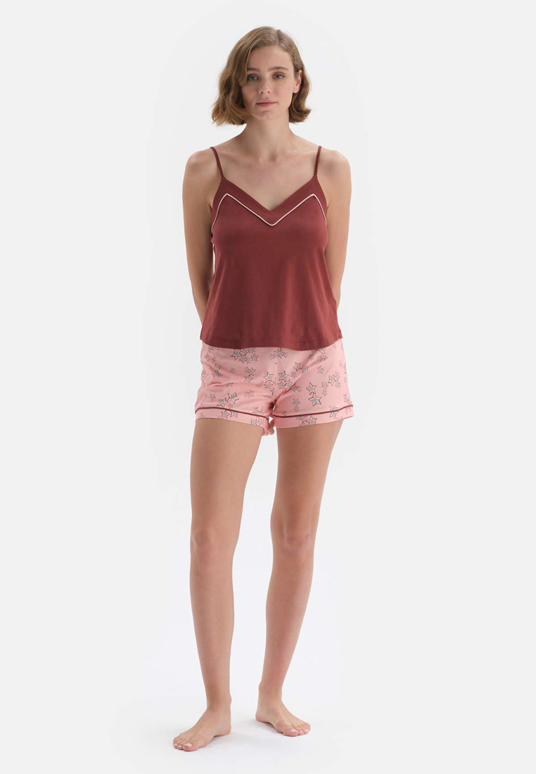 DAGİ Brown Tanktop & Shorts, Star Print, V-Neck, Regular Fit, Short Leg, Sleeveless Sleepwear for Women