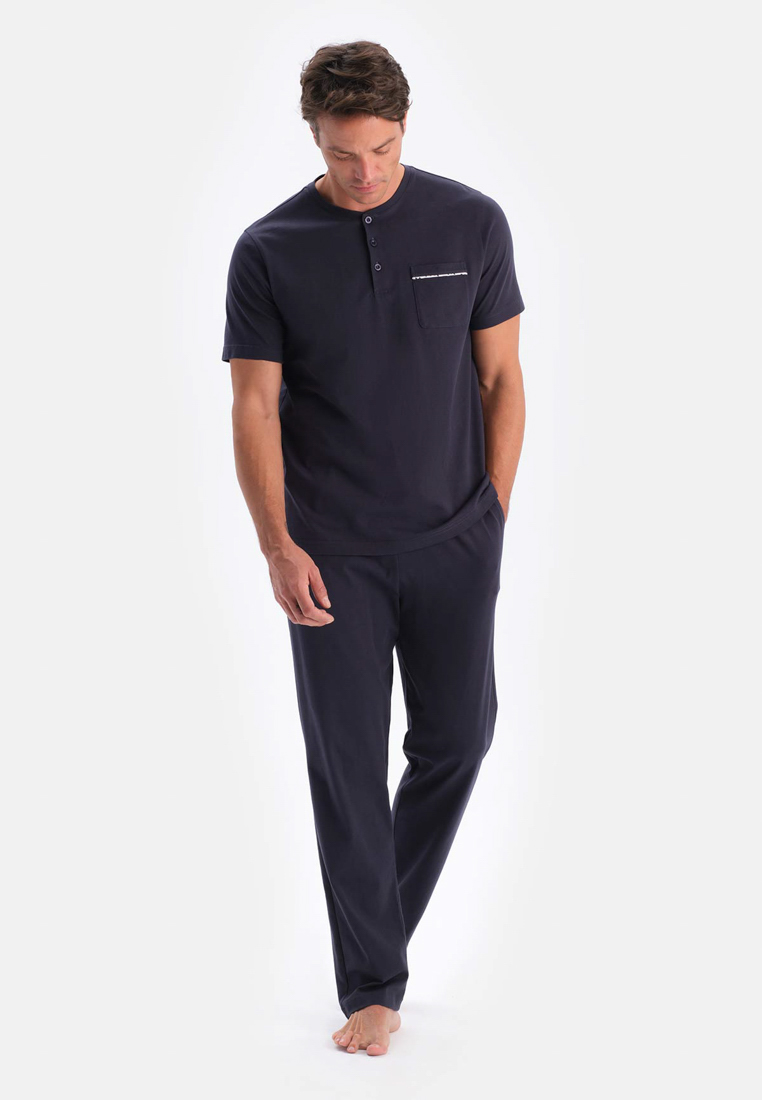 DAGİ Navy T-Shirt & Trousers Knitwear Set, Crew Neck, Regular, Long Leg, Short Sleeve Sleepwear for Men