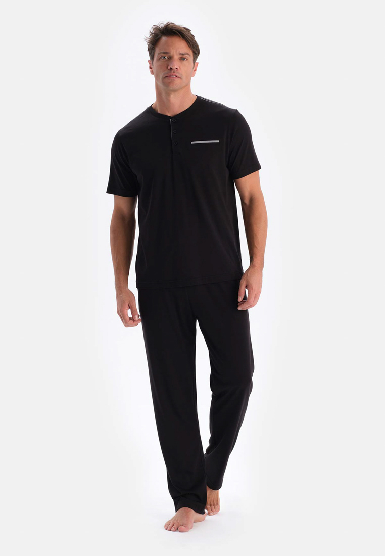 DAGİ Black T-Shirt & Trousers & Shorts Knitwear Set, Crew Neck, Regular, Long Leg, Short Sleeve Sleepwear for Men