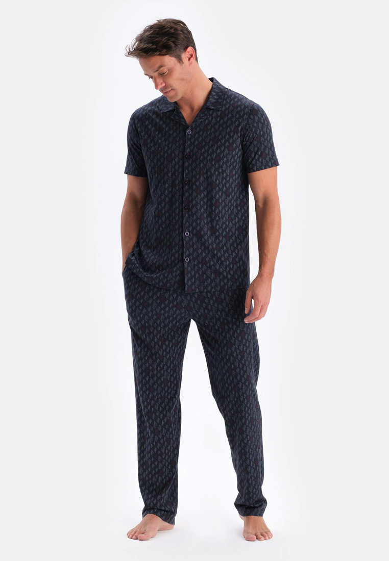 DAGİ Navy Shirt & Trousers Knitwear Set, Geometric Print, Shirt Collar, Regular, Long Leg, Short Sleeve Sleepwear for Men