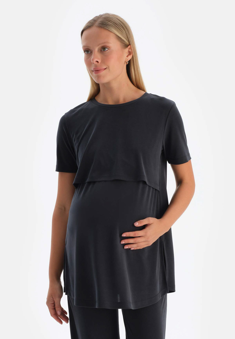 DAGİ Black Maternity T-Shirt, Crew Neck, Regular, Short Sleeve Loungewear for Women