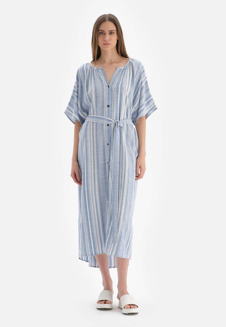 DAGİ Blue - White Dress, Short Sleeve Beachwear for Women