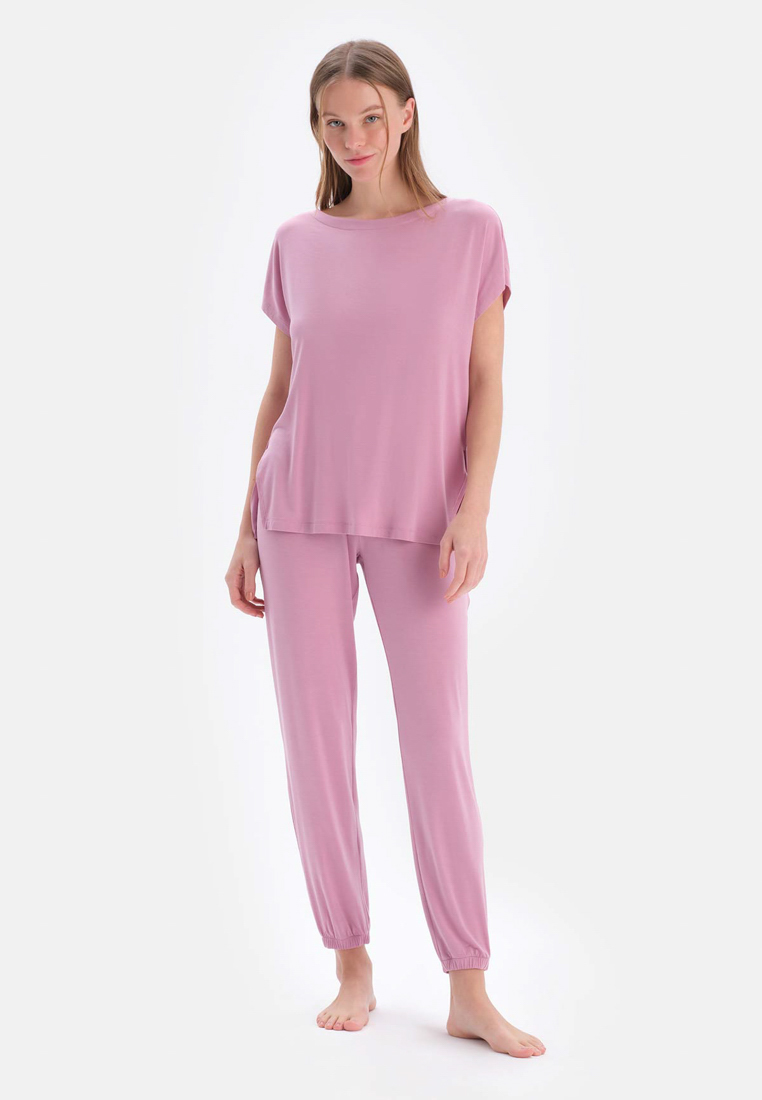 DAGİ Lilac T-Shirt & Trousers Knitwear Set, Crew Neck, Regular, Long Leg, Short Sleeve Sleepwear for Women