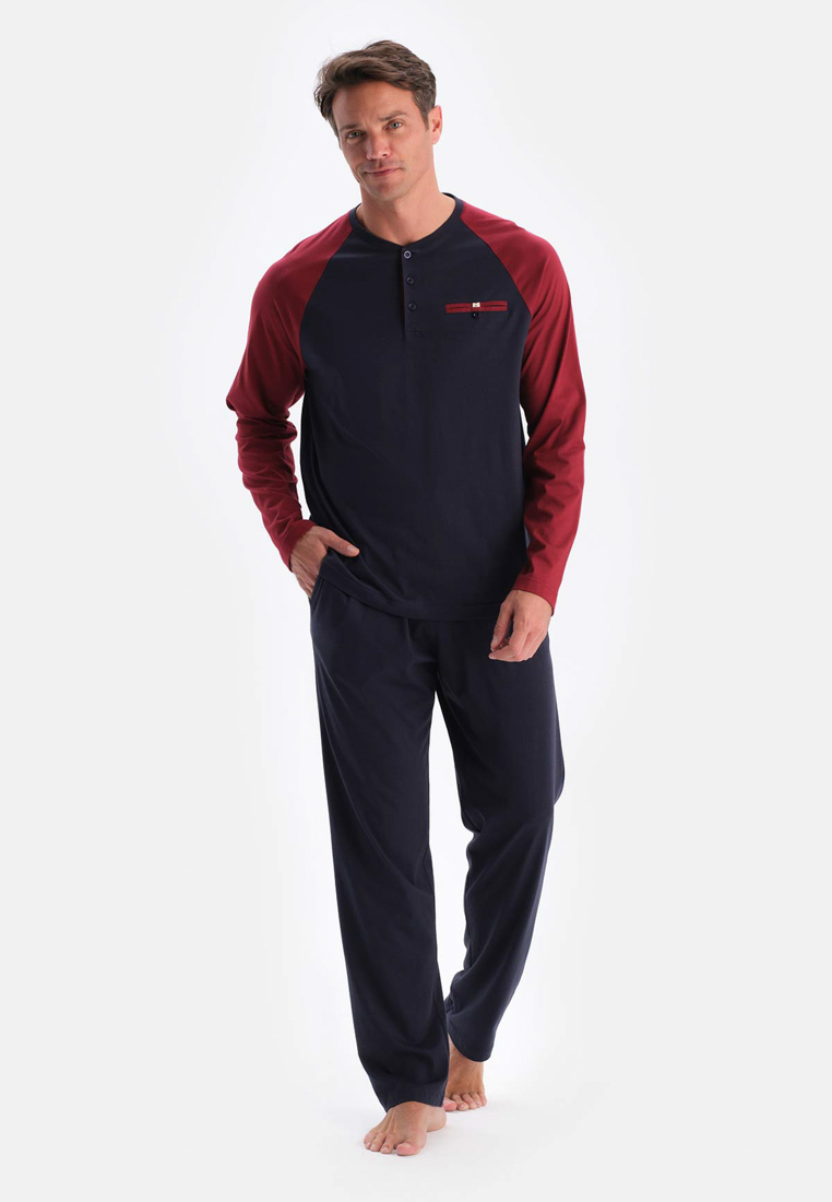 DAGİ Navy T-Shirt & Trousers Knitwear Set, Crew Neck, Regular, Long Leg, Long Sleeve Sleepwear for Men