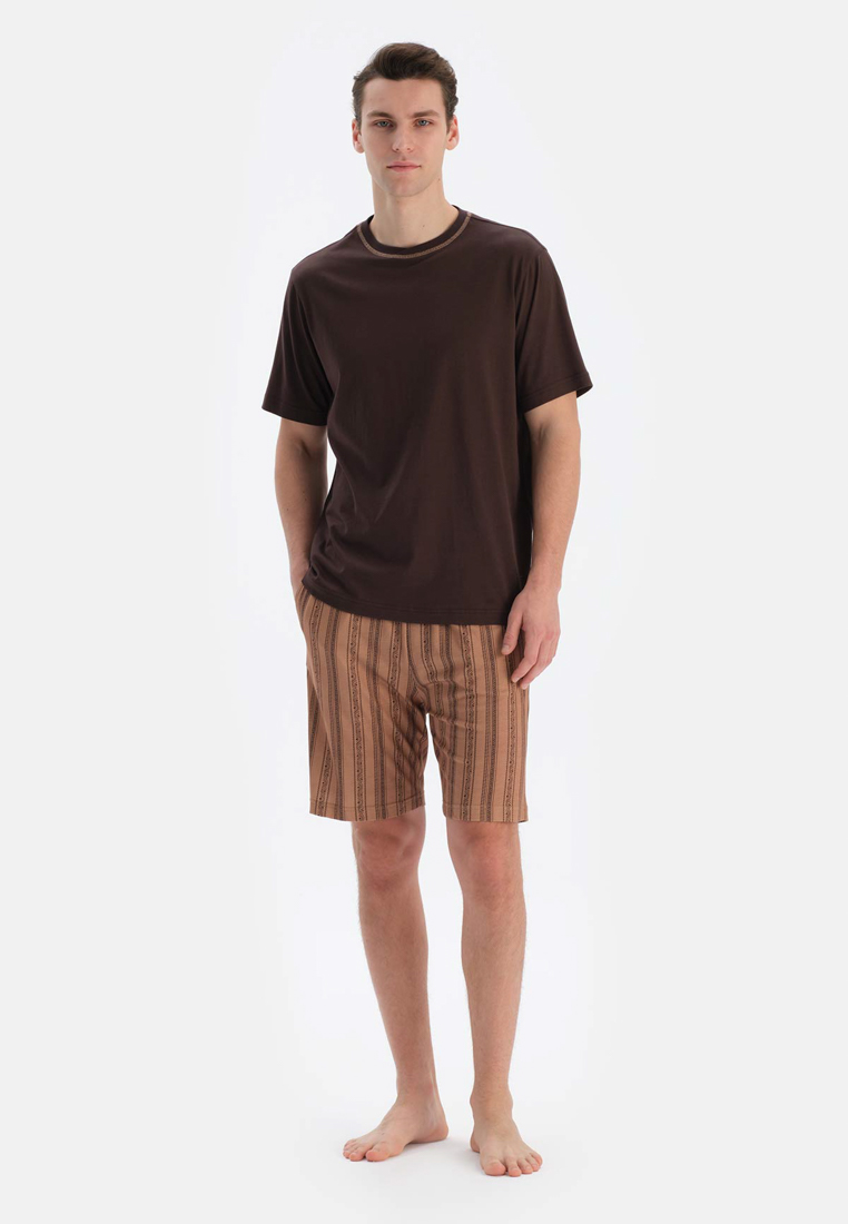 DAGİ Dark Brown T-Shirt & Shorts Knitwear Set, Crew Neck, Regular, Short Leg, Short Sleeve Sleepwear for Men