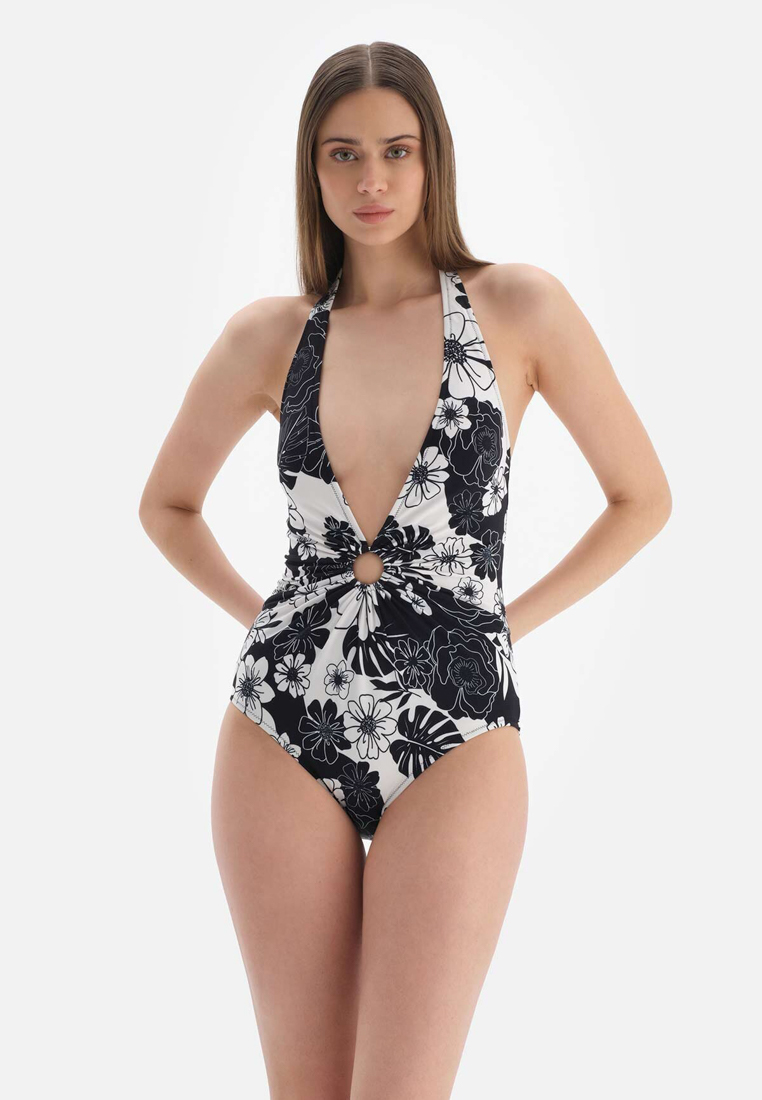 DAGİ Black - White Swimsuits, Floral, Halterneck, Removable Padding, Non-wired, Swimwear for Women