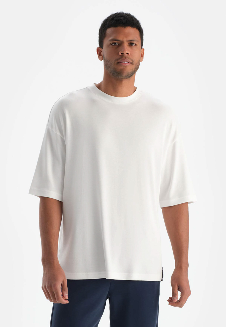 DAGİ Off White T-Shirt, Sea Print, Crew Neck, Oversize, Short Sleeve Activewear for Men