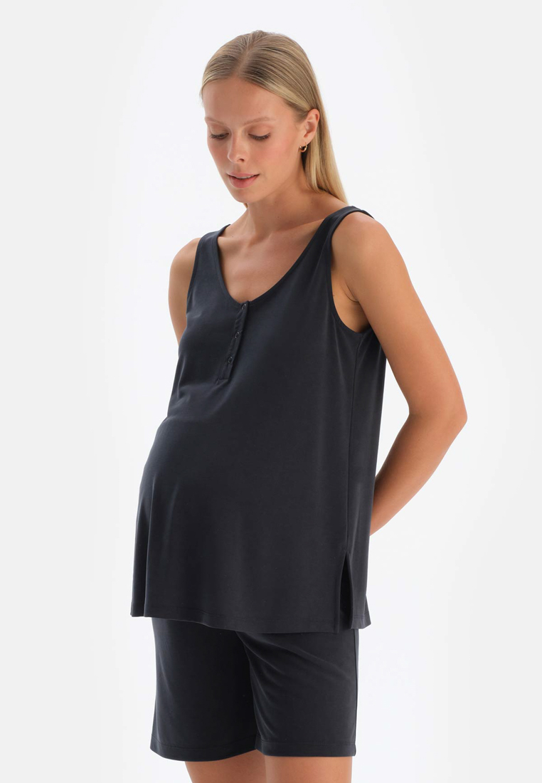 DAGİ Black Maternity Tanktop, U-Neck, Regular, Strappy Loungewear for Women