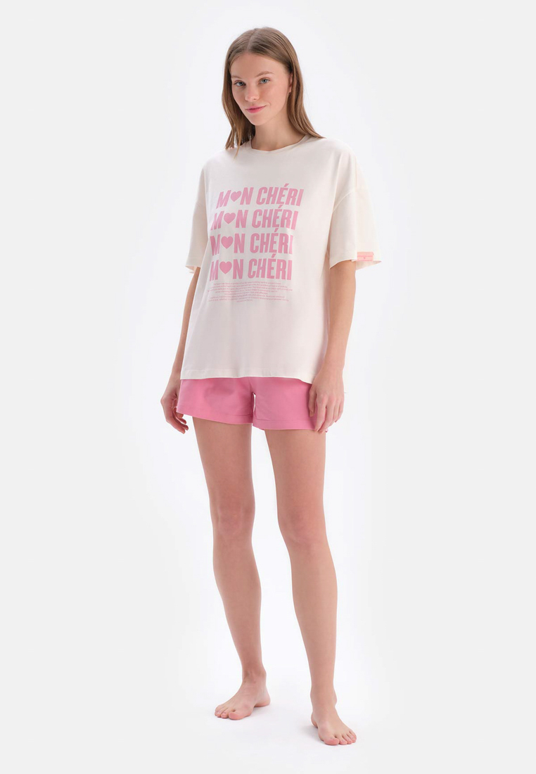 DAGİ Ecru T-Shirt & Shorts Knitwear Set, Slogan Print, Crew Neck, Oversize, Short Leg, Short Sleeve Sleepwear for Women