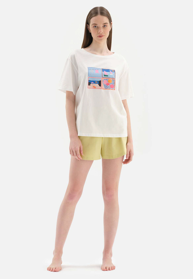DAGİ White T-Shirt & Shorts Knitwear Set, Sea Printed, Crew Neck, Oversize, Short Leg, Short Sleeve Sleepwear for Women