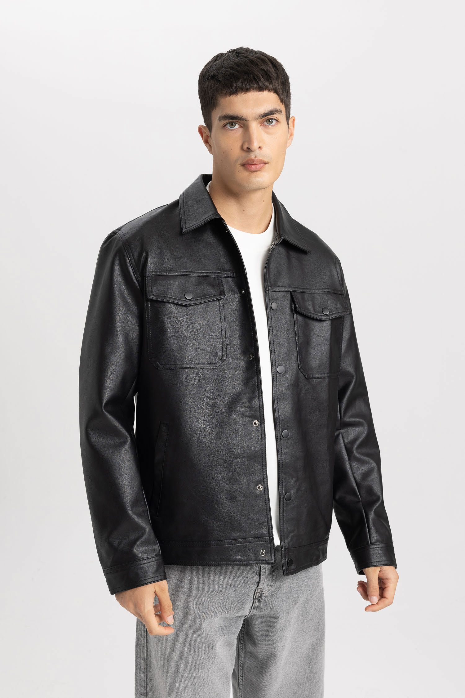 DeFacto Slim Fit Polo Collar Faux Leather Jacket