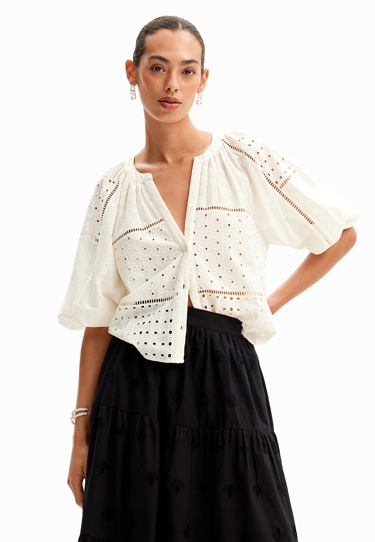 Desigual Woman Swiss embroidered V-neck blouse.