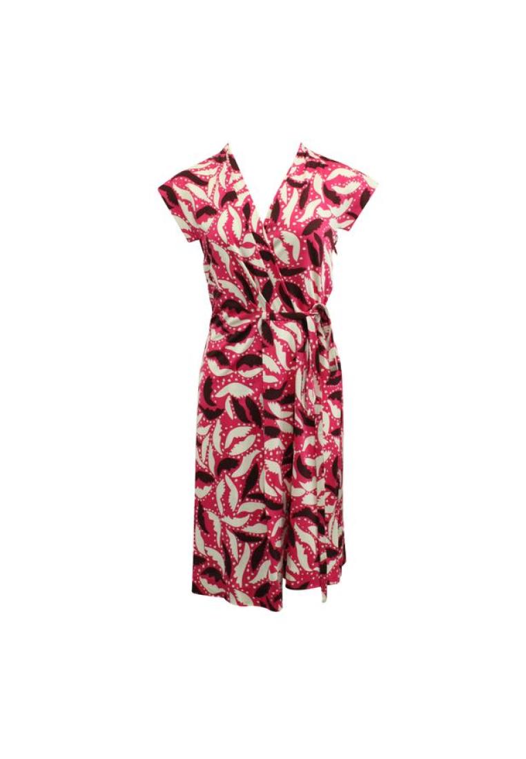 Diane Von Furstenberg 粉紅色和奶油短袖包裹連衣裙