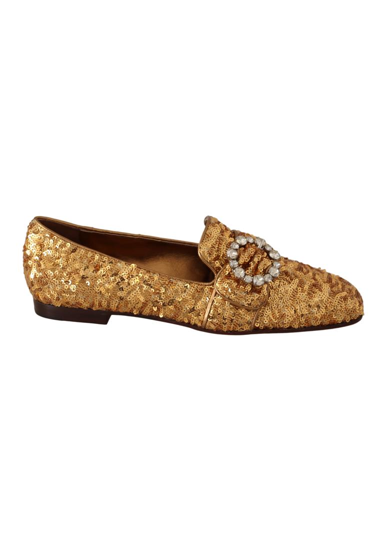Dolce & Gabbana Gold Sequin Crystal Flat Women Loafers Shoes