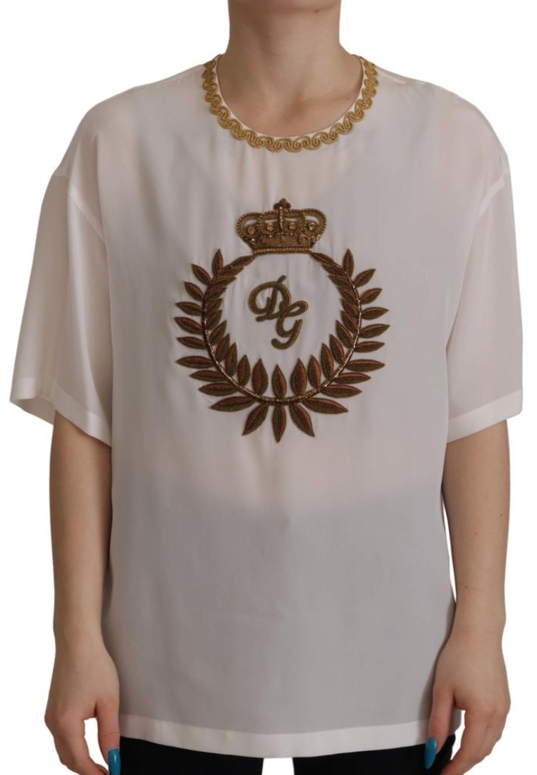 Dolce & Gabbana White Silk Gold DG Crown Crystal Blouse Top
