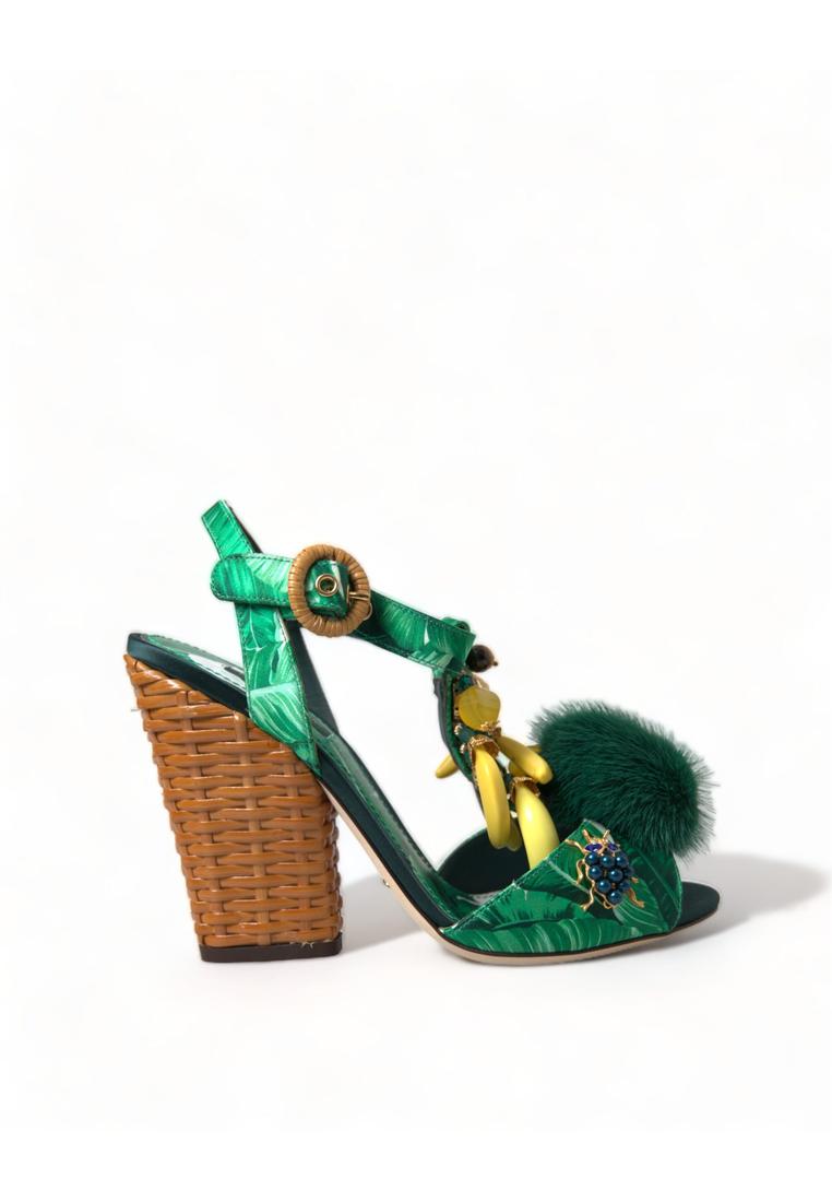 Dolce & Gabbana Green Banana Leaf Embellished T-Strap Sandals Shoes