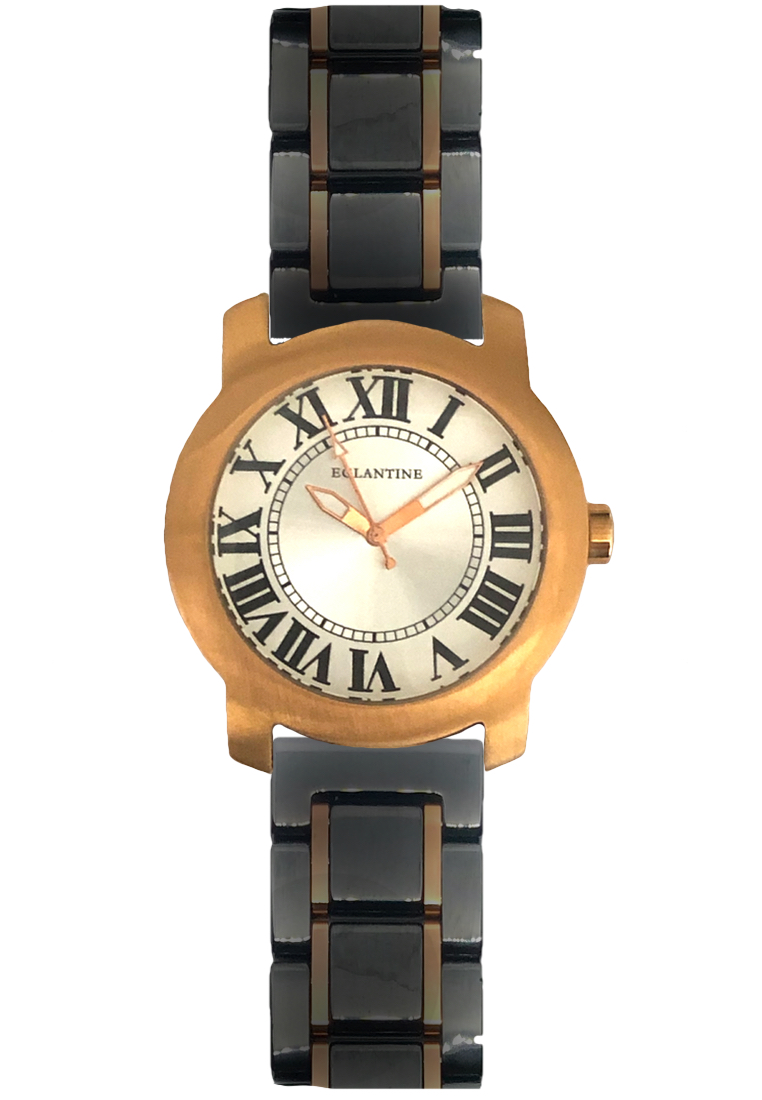 EGLANTINE® Emile 中性鍍玫瑰金鋼質石英手錶，12 羅馬數字錶盤，黑色陶瓷錶鍊，玫瑰金色金屬元素