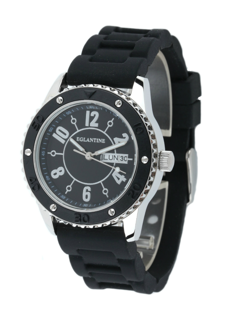 EGLANTINE® Vanessa 女士精鋼石英手錶黑色錶盤，黑色橡膠錶帶