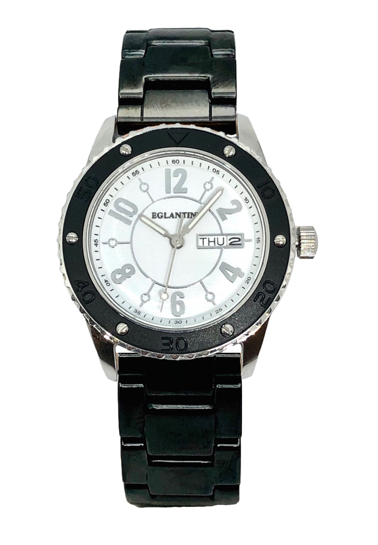 EGLANTINE® Vanessa 陶瓷女士不銹鋼石英手錶，黑色陶瓷錶鏈