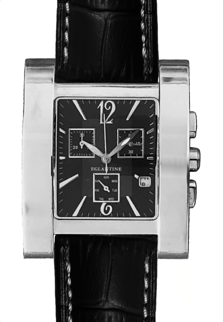 EGLANTINE® Bordelaise 男士計時星期/日期不銹鋼石英手錶，46x38 毫米，黑色錶盤，黑色皮革錶帶