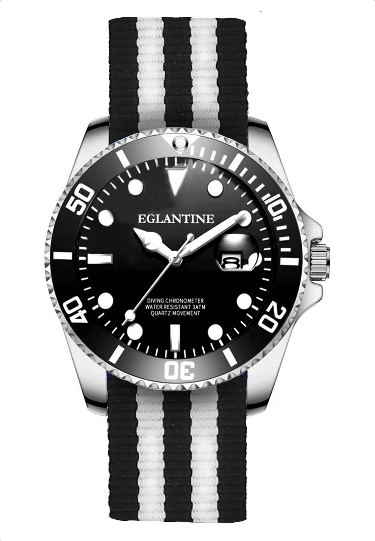 EGLANTINE® 潛水錶，精鋼錶殼，黑色錶盤和旋轉表圈，石英機芯，黑色和白色 NATO 錶帶