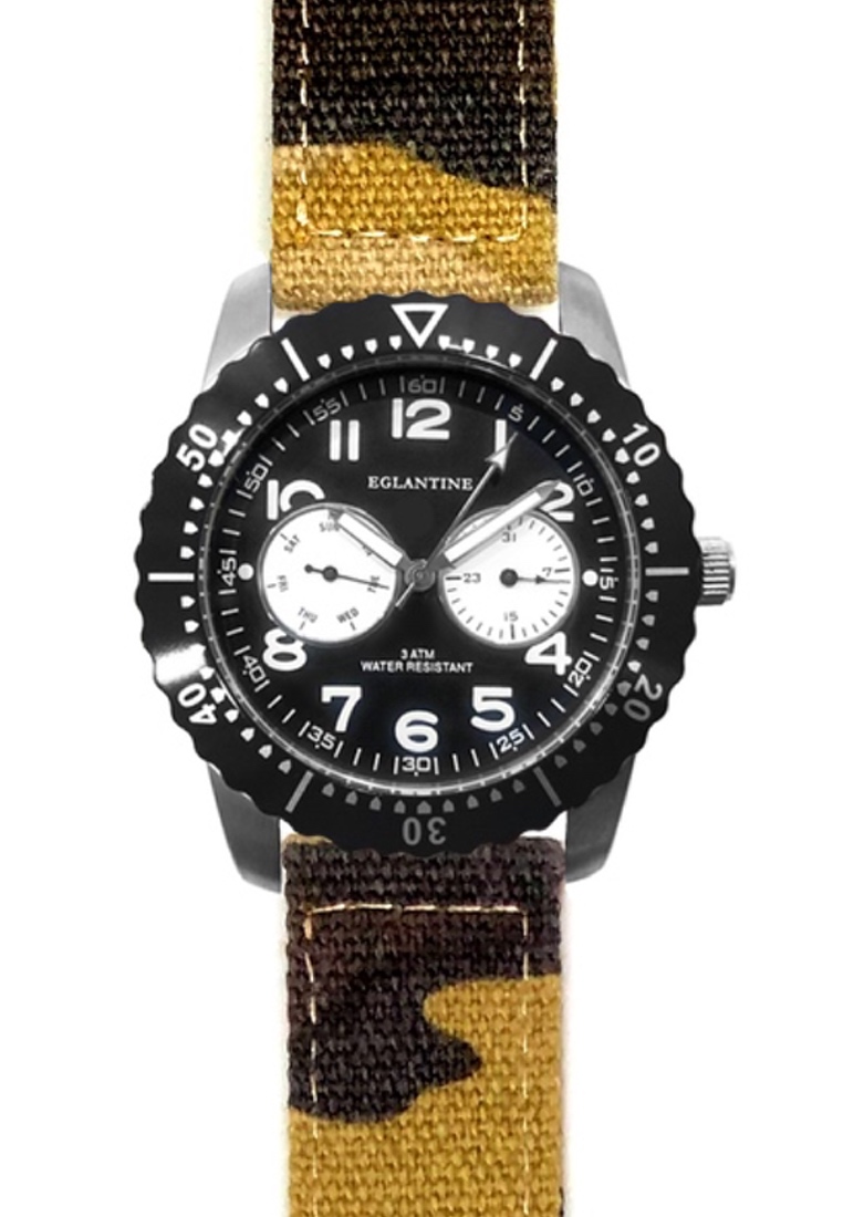 EGLANTINE® Terrenz 中性軍用鋼質石英手錶，黑色錶盤，沙漠迷彩紡織錶帶
