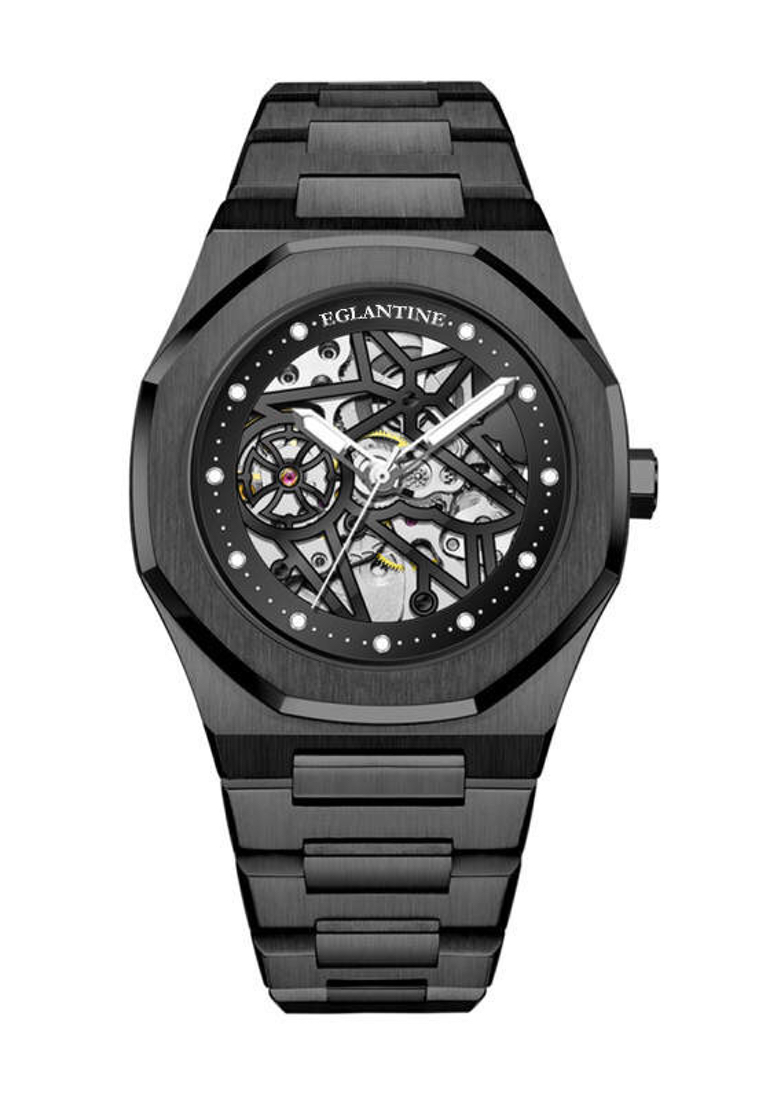 EGLANTINE® Vulcania 自動 IP 黑鋼手錶配 IP 黑鋼錶鍊