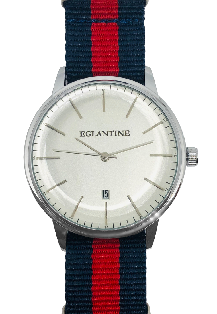 EGLANTINE® Paname 40 毫米中性銀合金錶殼石英手錶，海軍藍色和紅色 NATO 錶帶上的白色錶盤