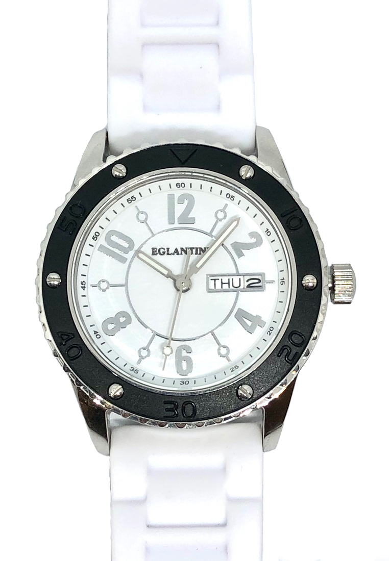 EGLANTINE® Vanessa 女士精鋼石英手錶白色錶盤，白色橡膠錶帶
