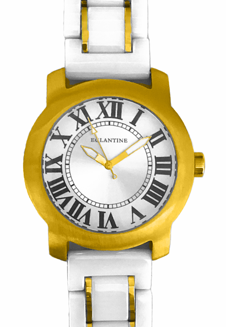 EGLANTINE® Emile 中性鍍黃金鋼石英手錶，12 羅馬數字錶盤，白色陶瓷錶鍊，金色金屬元素