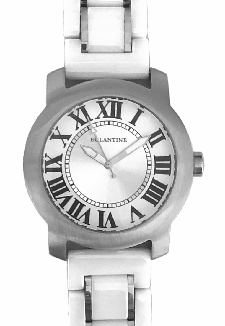 EGLANTINE® Emile 中性鋼質石英手錶，12 羅馬數字錶盤，帶鋼元素的白色陶瓷錶鍊
