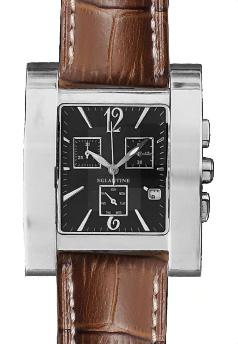 EGLANTINE® Bordelaise 男士計時星期/日期不銹鋼石英手錶，46x38 毫米，黑色錶盤，棕色皮革錶帶