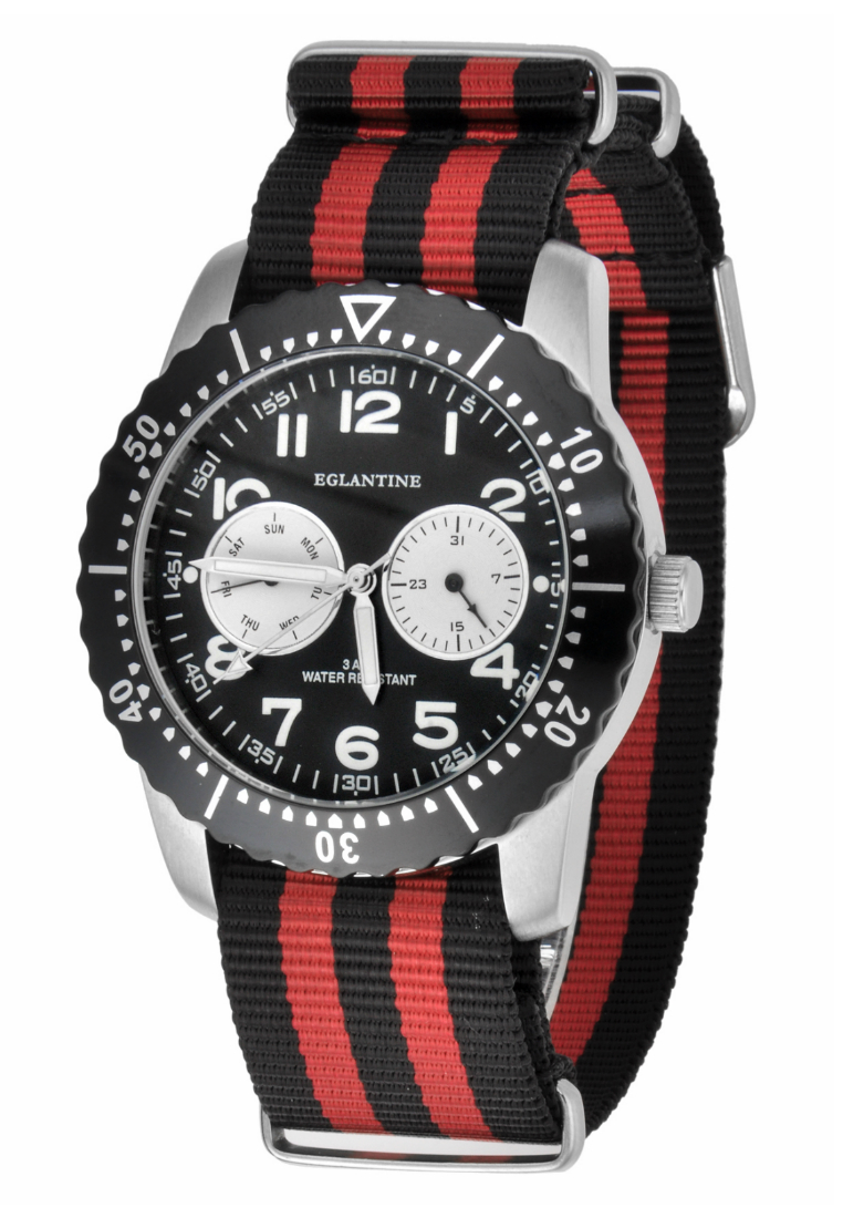 EGLANTINE® Terrenz黑色/紅色北約錶帶上的中性鋼石英手錶黑色錶盤