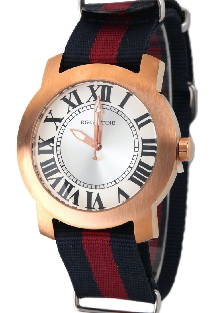 EGLANTINE®Emile中性玫瑰金鍍金精鋼石英手錶，海軍藍/紅色NATO錶帶