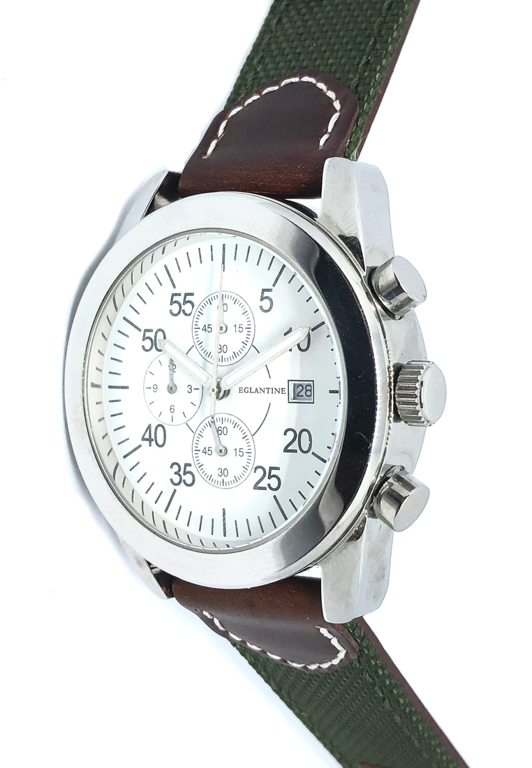 EGLANTINE® Aviator II 男女皆宜的不銹鋼石英計時手錶白色錶盤綠色紡織和棕色皮革錶帶
