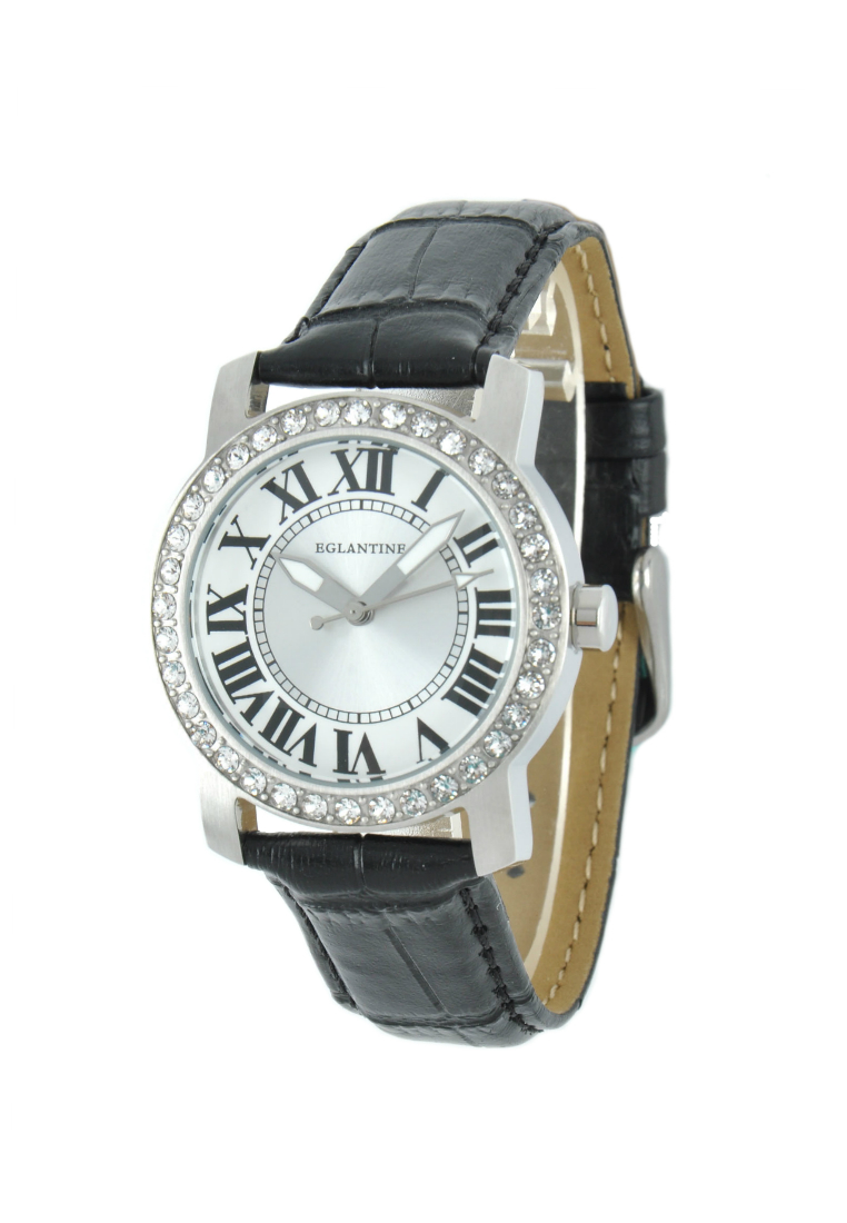 EGLANTINE® Emily 女士精鋼石英手錶，黑色皮革錶帶上鑲有水晶