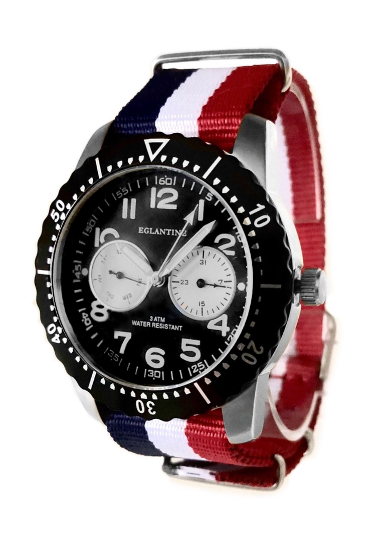 EGLANTINE® Terrenz 中性鋼石英手錶黑色錶盤，藍/白/紅NATO錶帶