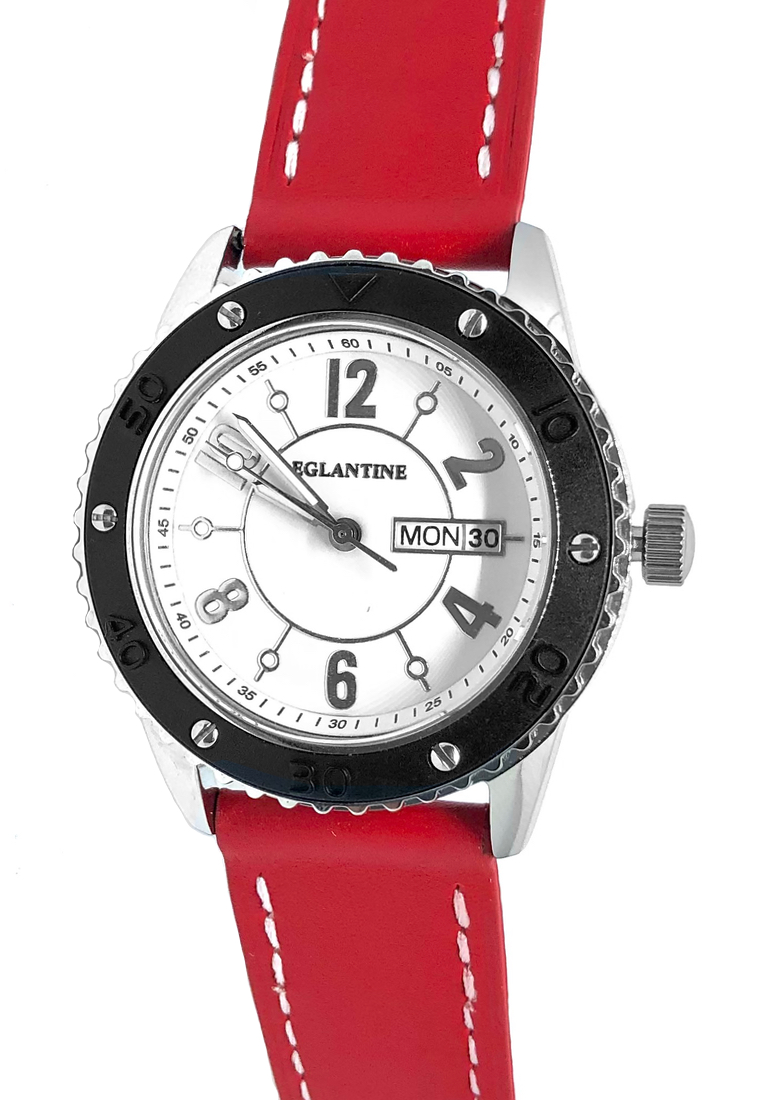 EGLANTINE® Vanessa 女士精鋼石英手錶白色錶盤，紅色皮錶帶
