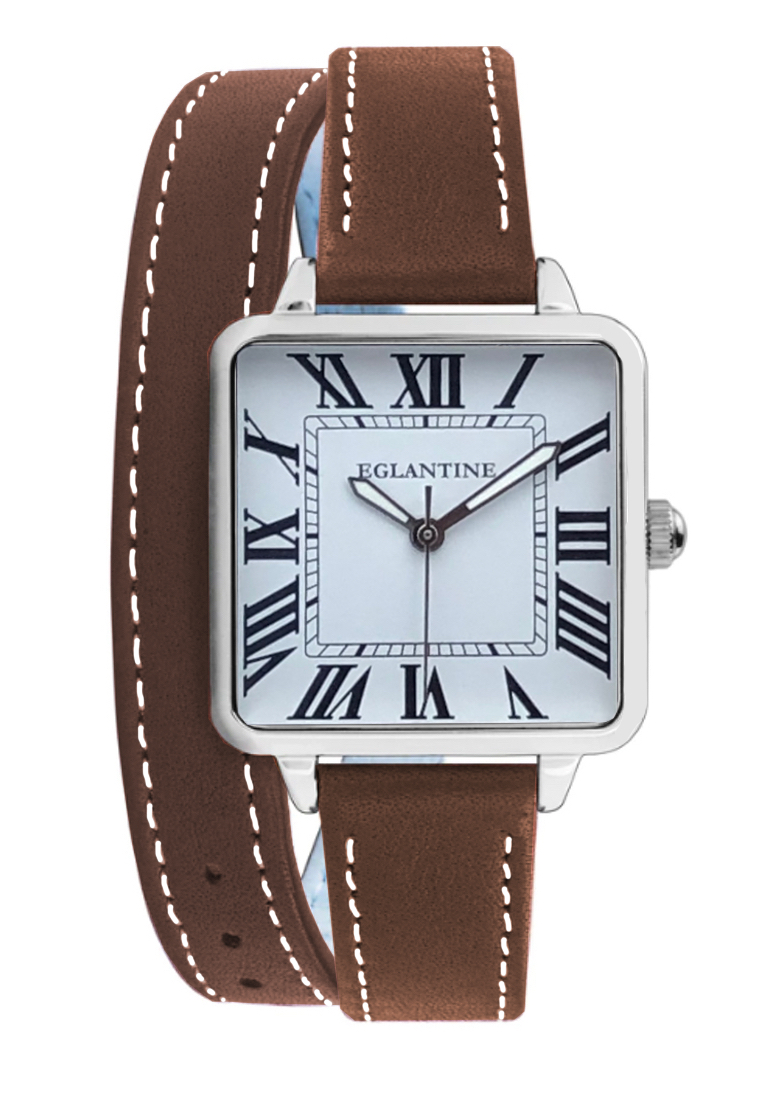 僅在 Zalora - EGLANTINE® La Parisienne 精鋼石英手錶，白色錶盤棕色超長皮革錶帶上的 12 個羅馬數字