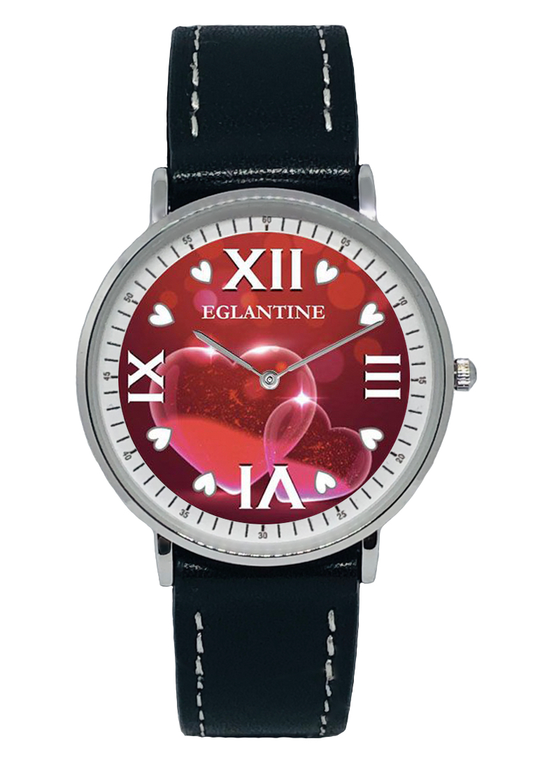 用這款手錶表達你的愛意 - EGLANTINE® Love 40 毫米銀合金石英手錶，紅色心形配羅馬數字錶盤黑色皮革錶帶