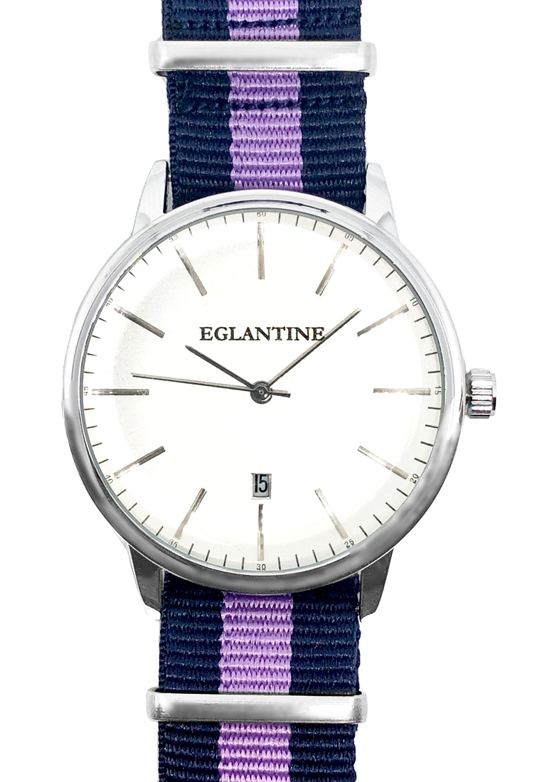 EGLANTINE® Paname 40 毫米中性銀合金錶殼石英手錶，海軍藍色和紫色 NATO 錶帶上的白色錶盤