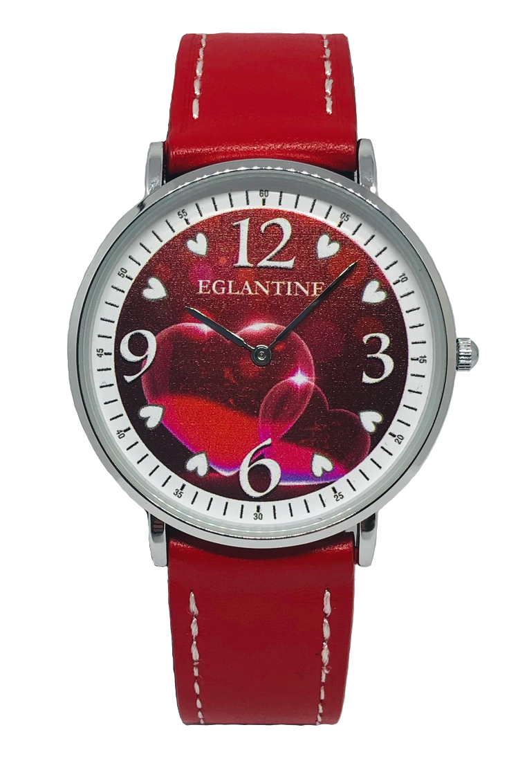 用這款手錶表達你的愛意 - EGLANTINE® Love 40 毫米銀合金石英手錶，紅色心形配阿拉伯數字錶盤，紅色皮革錶帶