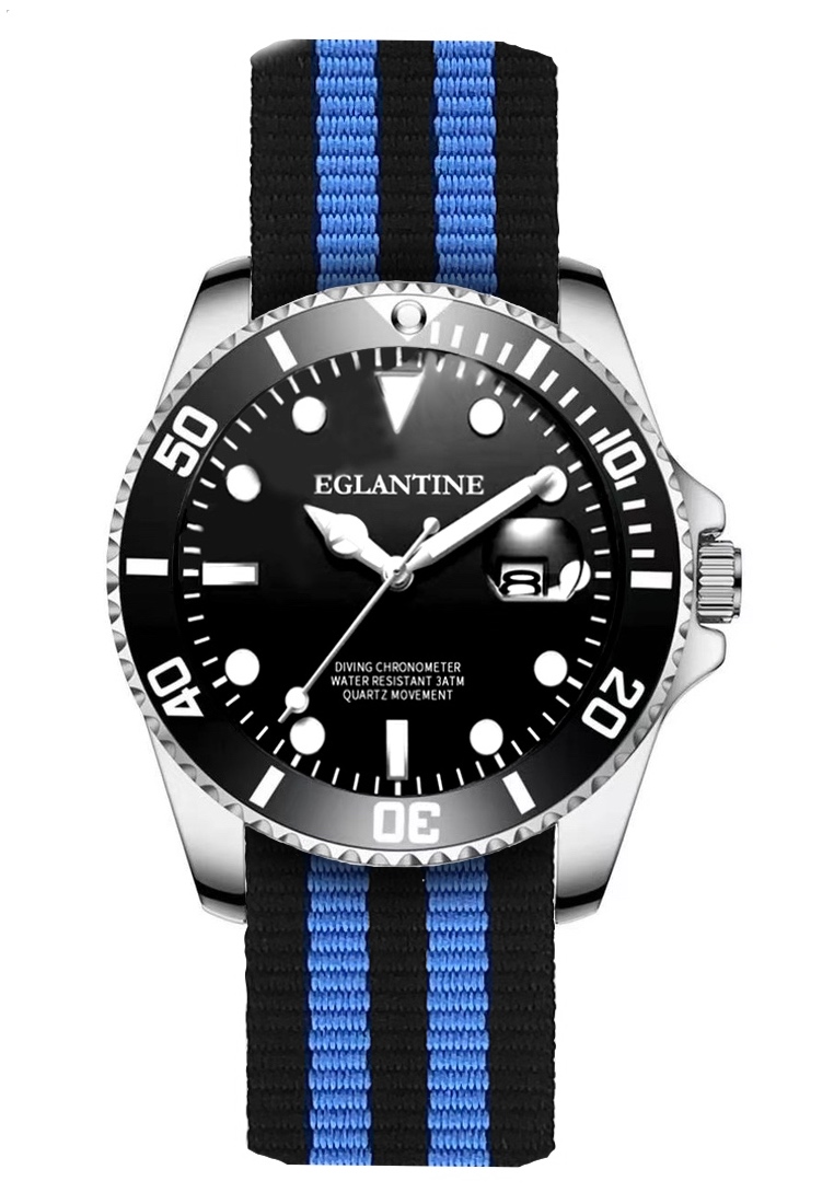 EGLANTINE® 潛水錶，精鋼錶殼，黑色錶盤和旋轉表圈，石英機芯，黑色和藍色 NATO 錶帶